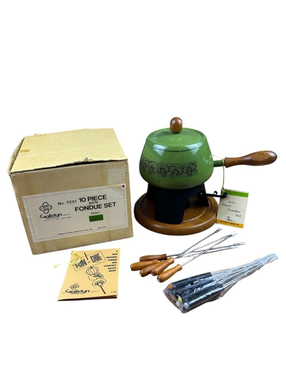 Vintage Gailstyn Fondue Set Avocado Green w/Mushrooms 10 Pc Plus Extra Forks NEW